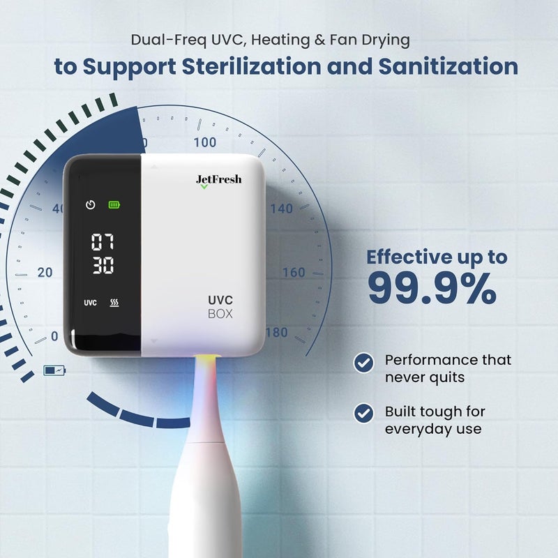 JetFresh UV Toothbrush Sanitizer Holder & Cleaner with LED Clock Display & Hot Air Drying – Wall-Mounted UV Tooth Brush Holder for Bathroom Decor, Travel Use, Rechargeable Portable Design, Fits All Brushes - Image 2